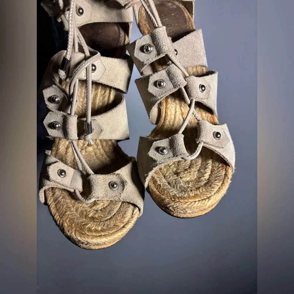 GUCCI Jasmine Beige Suede Lace Up Espadrille Heeled Sandals Size 39.5 - Picture 7 of 10